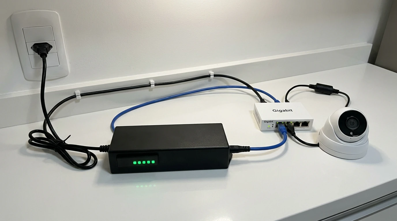 Mini nobreak CC alimentando câmera de segurança e switch de rede