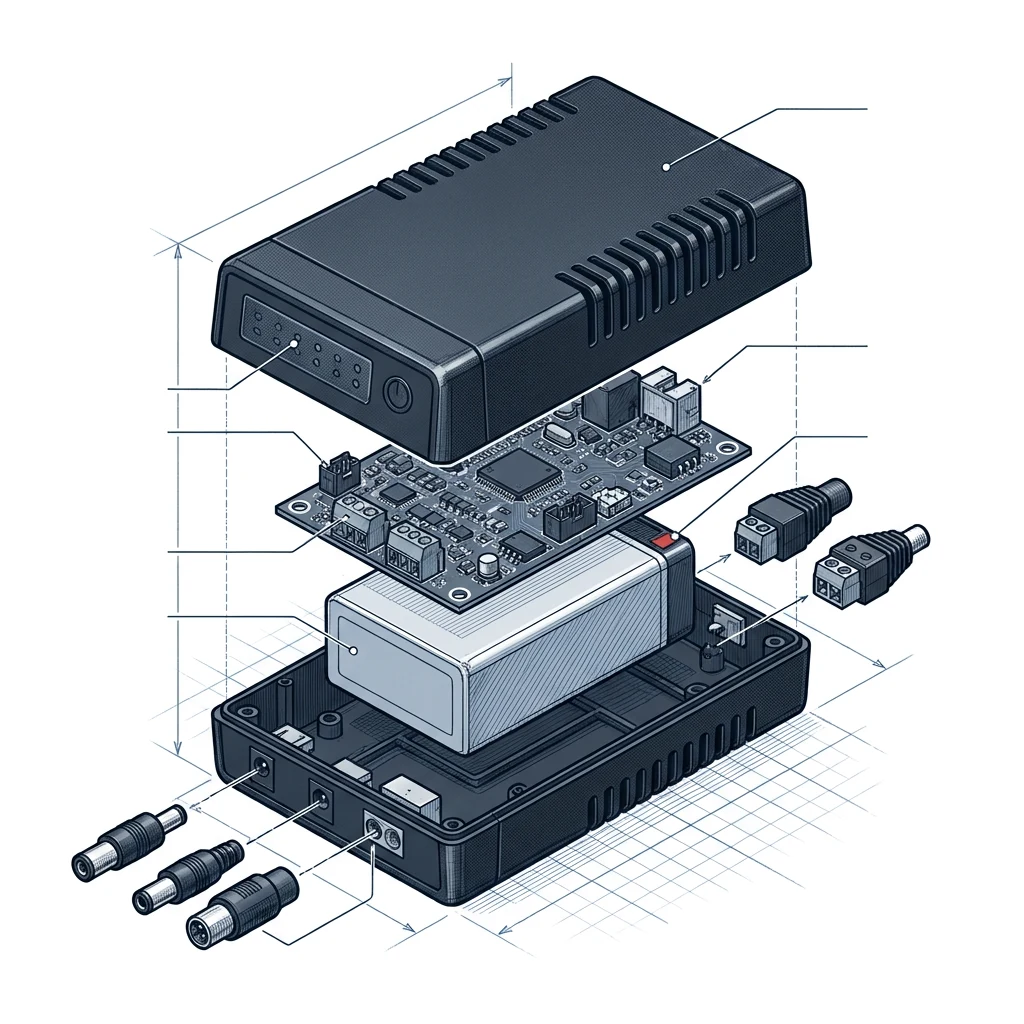 Ilustração técnica de mini nobreak CC com bateria, placa e conectores em vista explodida