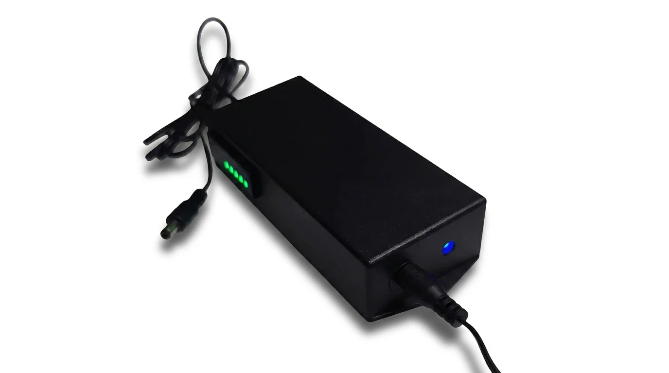 Mini nobreak JH em bancada técnica com LEDs e conectores DC