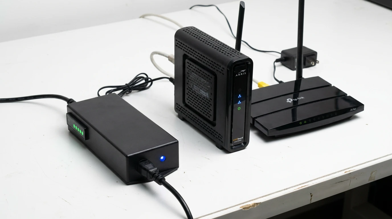 Mini nobreak CC JH alimentando roteador e modem em bancada técnica